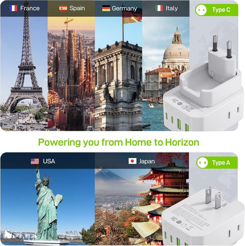 EPICKA Hybrid European Travel Plug Adapter, Foldable & Detachable Type C (EU) VisaPlug, 8-IN-1 International Power Adapter with 4 USB Ports (2 USB-C PD 20W) - Travel Essentials for US to Europe, White - Image 4